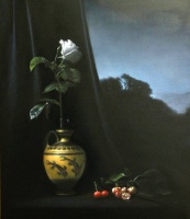 Luciano Longo: Still life with cherries at night