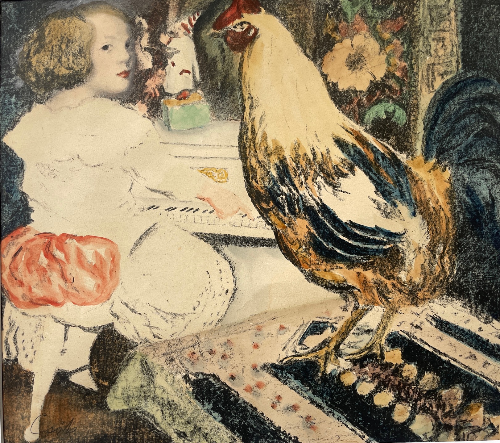 Csók, István: Züzü playing the piano in company of a rooster