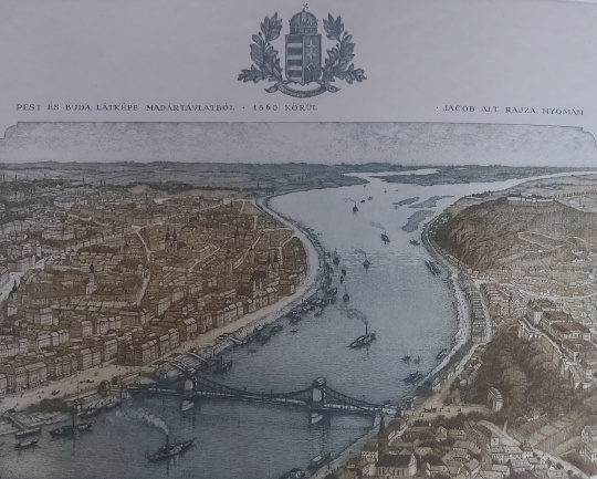 Gaál Domokos: Pest és Buda látképe madártávlatból 1860